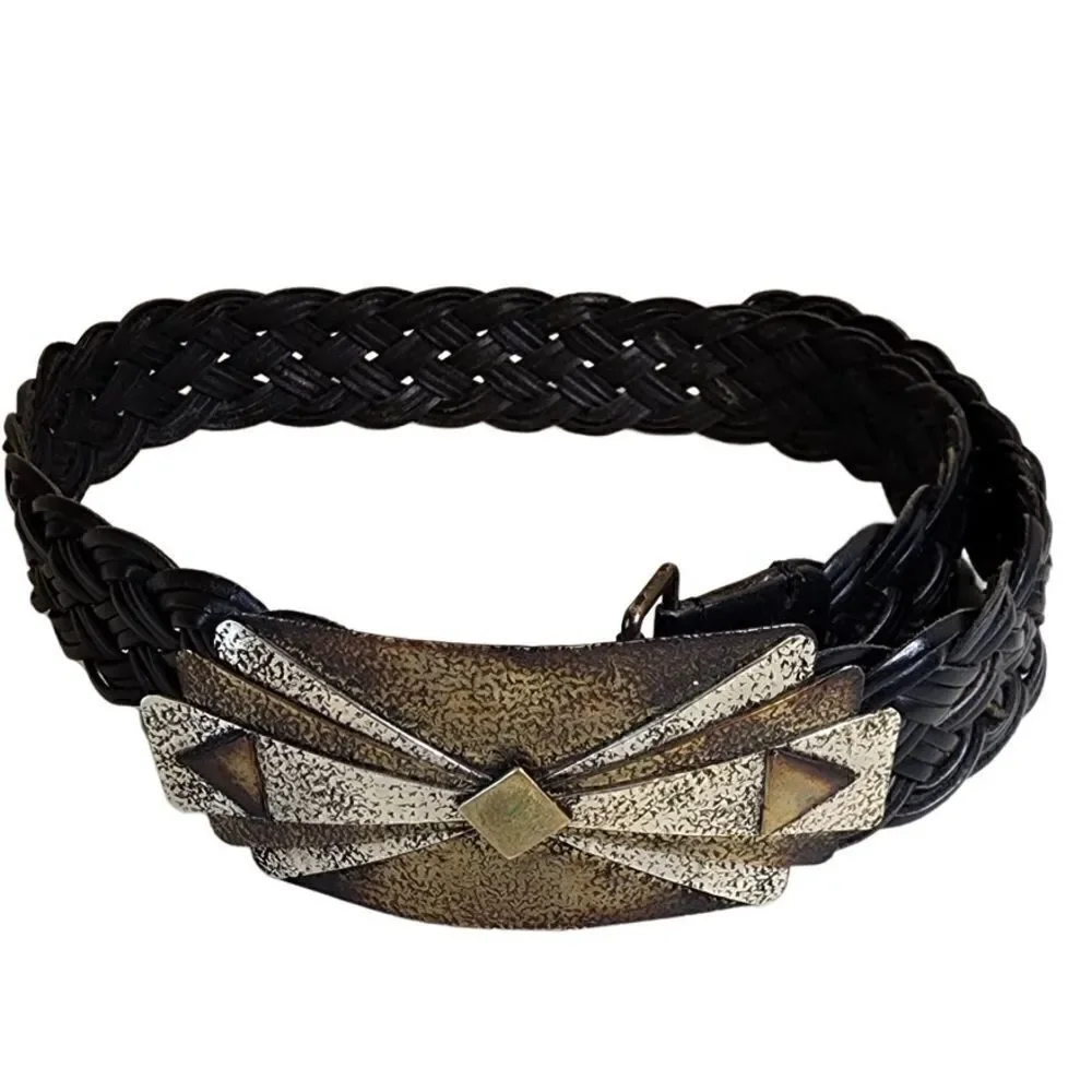 Chico’s- Black Braided Leather Ornate Rising Sun Big Buckle Medallion Belt, S/M